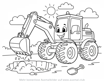 Freundlicher Bagger schaufelt Erde in Grube Ausmalbild