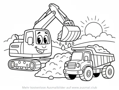 Freundlicher Bagger belädt Kipper Ausmalbild
