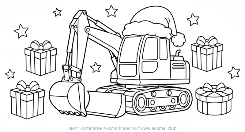 Weihnachtlicher Bagger mit Nikolausmütze und Geschenken Ausmalbild