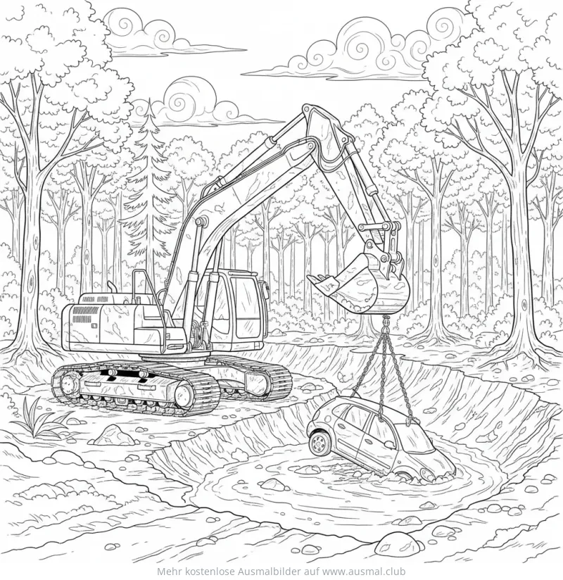 Bagger rettet Auto Ausmalbild im Wald