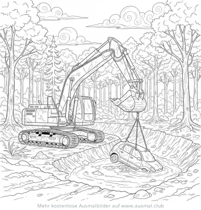 Bagger rettet Auto Ausmalbild im Wald