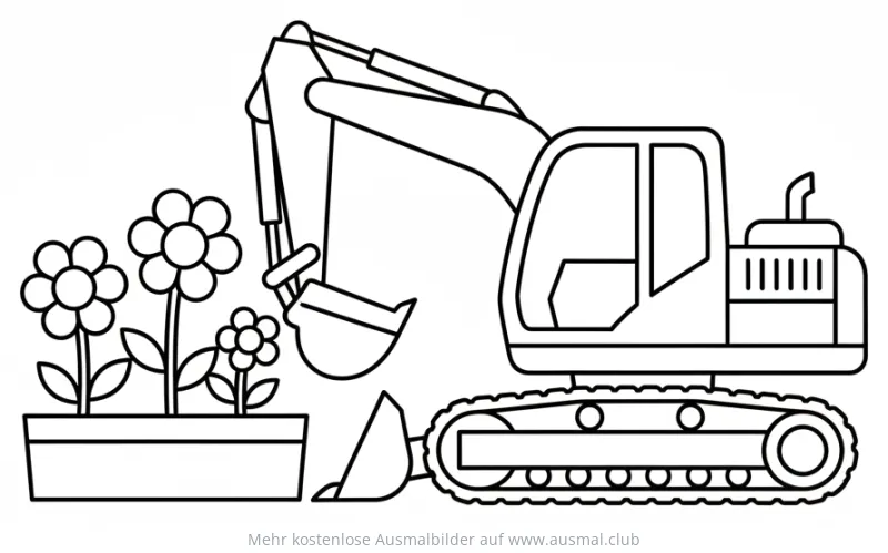 Bagger macht Pause neben Blumenkasten Ausmalbild