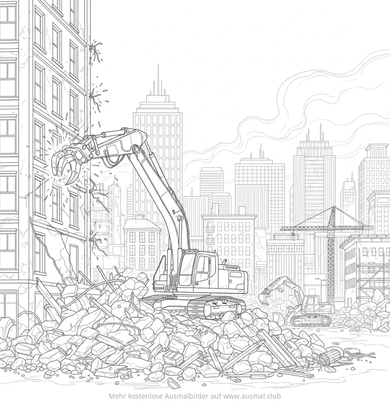 Bagger Abriss Ausmalbild mit Stadt im Hintergrund