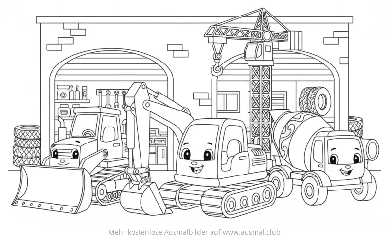 Bagger Werkstatt Ausmalbild mit Bulldozer, Bagger und Betonmischer