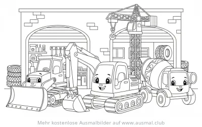 Bagger Werkstatt Ausmalbild mit Bulldozer, Bagger und Betonmischer