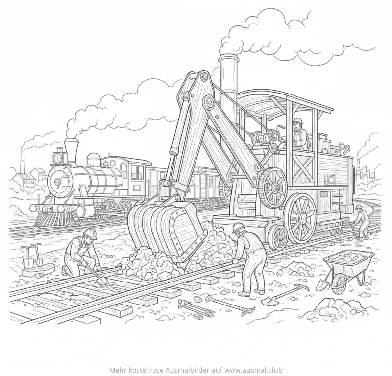 Dampf Bagger Ausmalbild bei der Arbeit an Gleisen mit Lokomotive