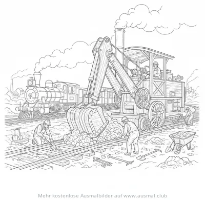 Dampf Bagger Ausmalbild bei der Arbeit an Gleisen mit Lokomotive