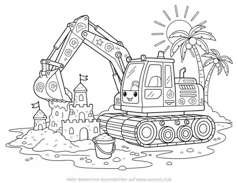 Bagger baut Sandburg am Strand Ausmalbild