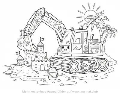 Bagger baut Sandburg am Strand Ausmalbild