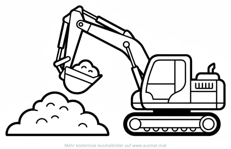 Bagger Ausmalbild mit Schaufel vor Erdhaufen