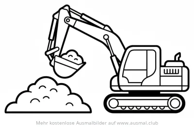 Bagger Ausmalbild mit Schaufel vor Erdhaufen