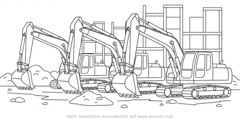 Drei Bagger vor Baustellenszene Ausmalbild