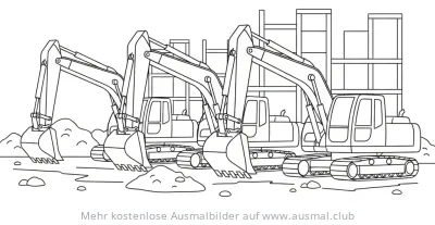 Drei Bagger vor Baustellenszene Ausmalbild