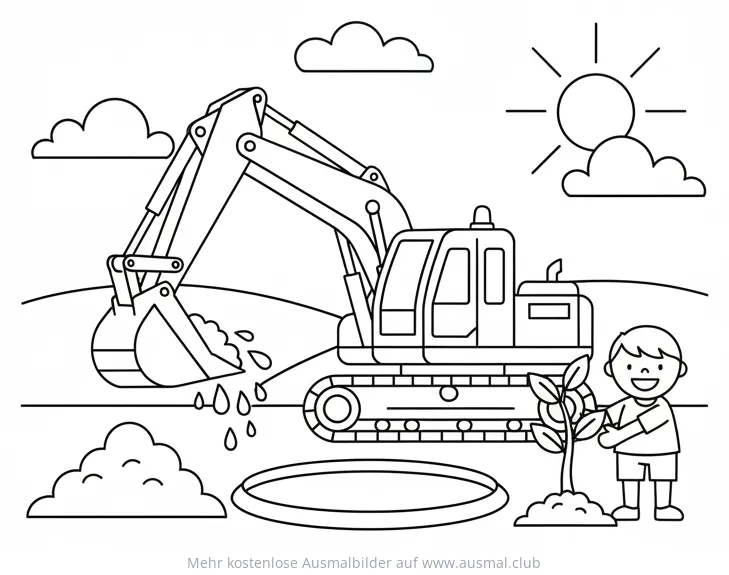 Bagger mit Baum pflanzendem Kind Ausmalbild