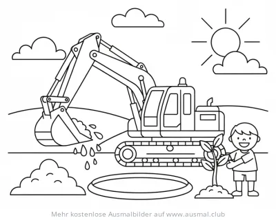 Bagger mit Baum pflanzendem Kind Ausmalbild