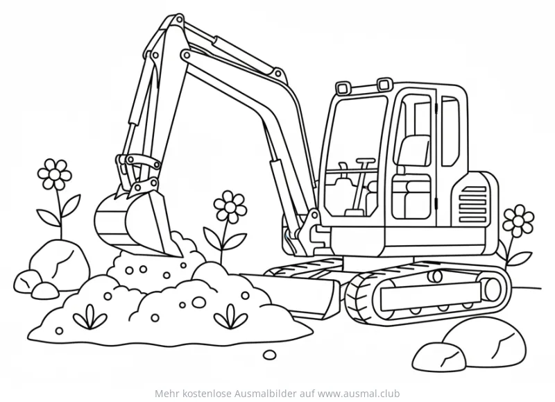 Bagger mit Schaufel und Blumen Ausmalbild