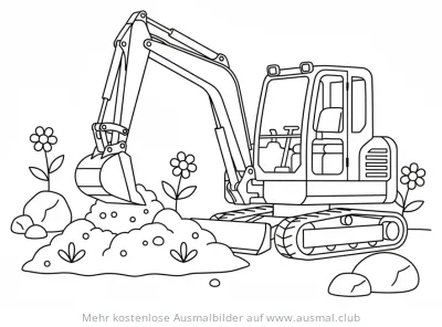 Bagger mit Schaufel und Blumen Ausmalbild
