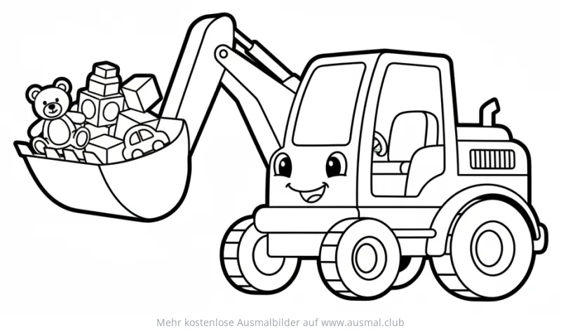 Spielzeug Bagger mit Teddy und Bauklötzen Ausmalbild
