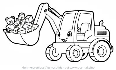 Spielzeug Bagger mit Teddy und Bauklötzen Ausmalbild
