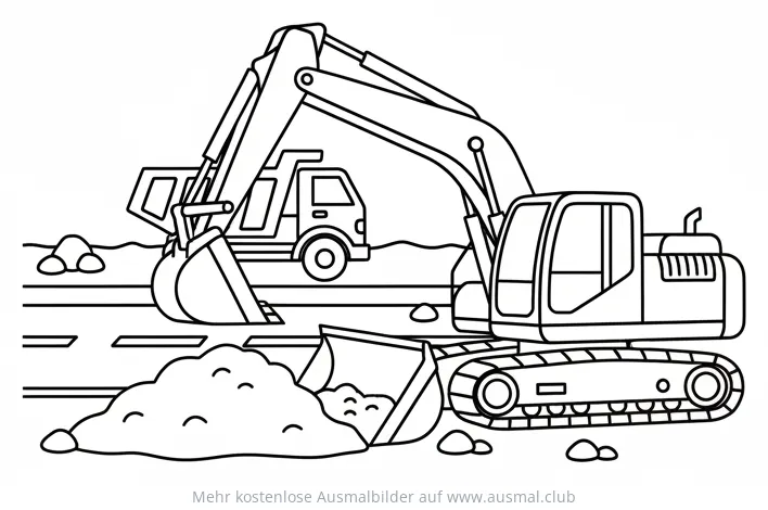 Bagger und Kipplaster Ausmalbild auf Baustelle