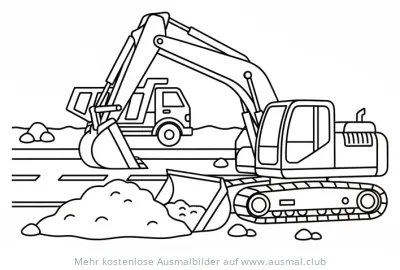Bagger und Kipplaster Ausmalbild auf Baustelle