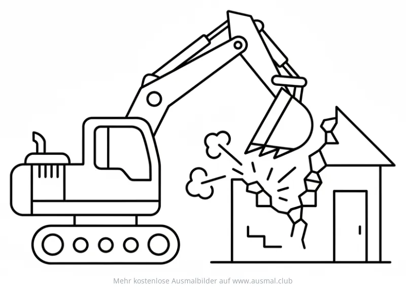 Bagger beim Abriss eines Hauses Ausmalbild