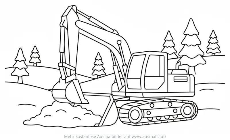 Bagger Ausmalbild vor verschneiter Winterlandschaft