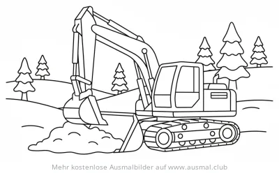 Bagger Ausmalbild vor verschneiter Winterlandschaft