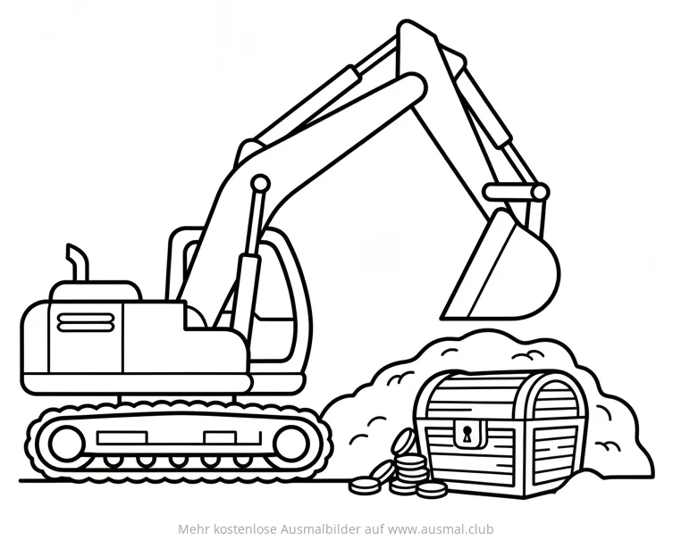 Bagger gräbt Schatzkiste mit Goldmünzen aus Ausmalbild