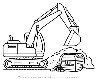 Bagger gräbt Schatzkiste mit Goldmünzen aus Ausmalbild