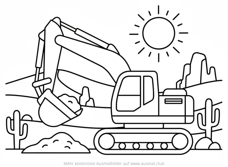 Bagger Ausmalbild in der Wüste mit Kakteen und Sonne