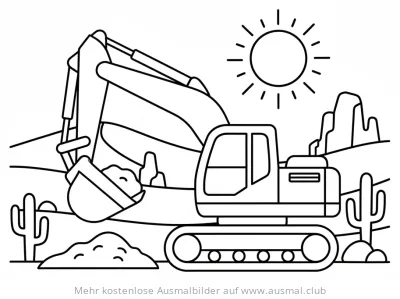 Bagger Ausmalbild in der Wüste mit Kakteen und Sonne