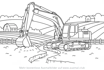 Bagger Ausmalbild auf dem Bauernhof mit Feldern und Bauernhaus