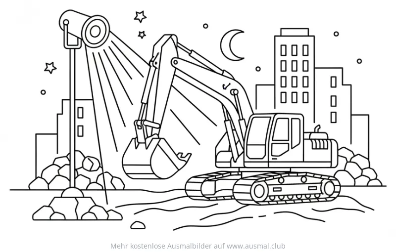 Bagger im Nachteinsatz Ausmalbild mit Scheinwerfer und Stadtkulisse