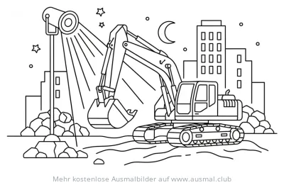 Bagger im Nachteinsatz Ausmalbild mit Scheinwerfer und Stadtkulisse