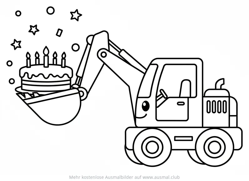 Bagger transportiert Geburtstagstorte Ausmalbild