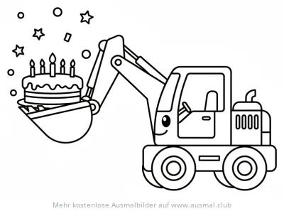 Bagger transportiert Geburtstagstorte Ausmalbild