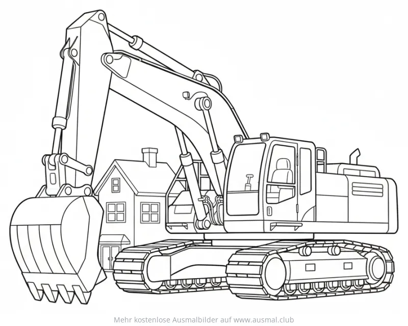 Detailliertes Bagger Ausmalbild vor einem Haus