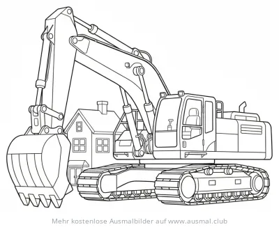 Detailliertes Bagger Ausmalbild vor einem Haus