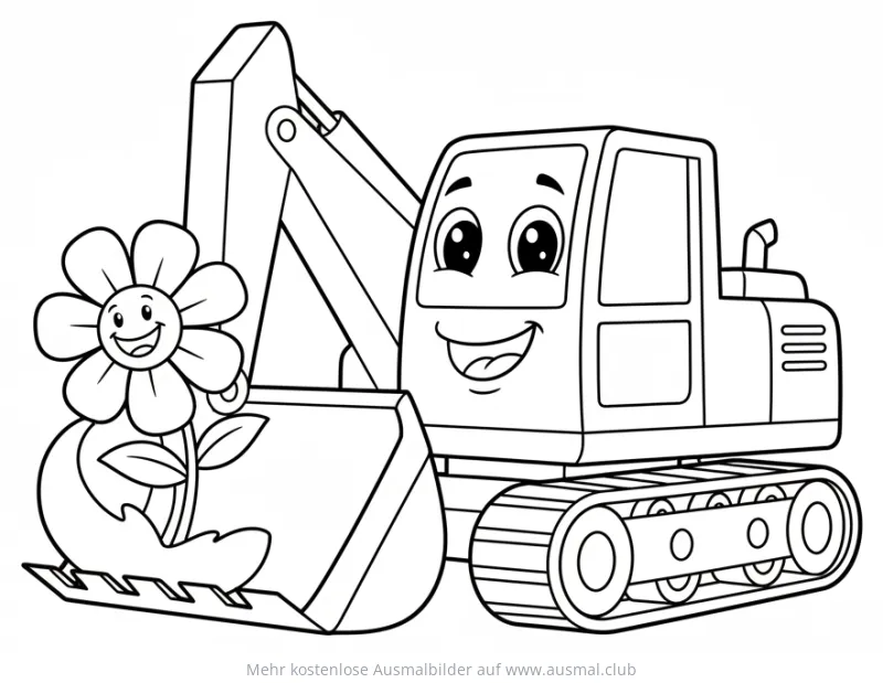 Bagger mit Blume im Schaufel Ausmalbild