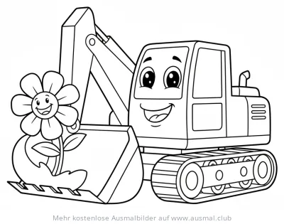 Bagger mit Blume im Schaufel Ausmalbild