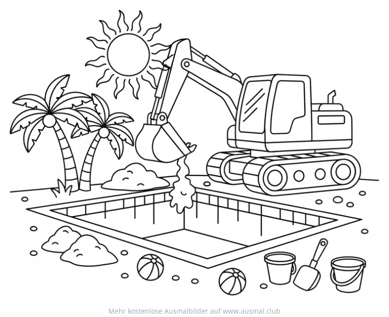 Bagger befüllt Pool mit Sand Ausmalbild