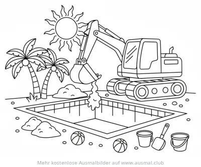 Bagger befüllt Pool mit Sand Ausmalbild