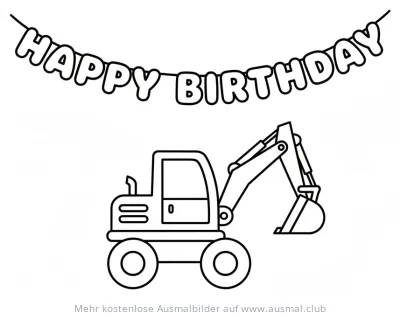 Bagger Ausmalbild mit Happy Birthday Banner