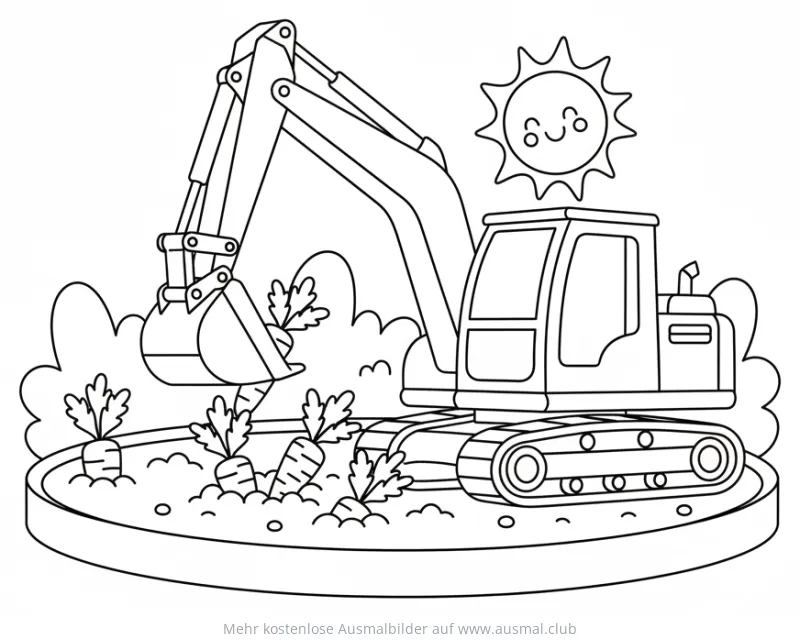 Bagger erntet Karotten Ausmalbild mit lachender Sonne