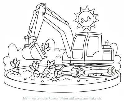 Bagger erntet Karotten Ausmalbild mit lachender Sonne