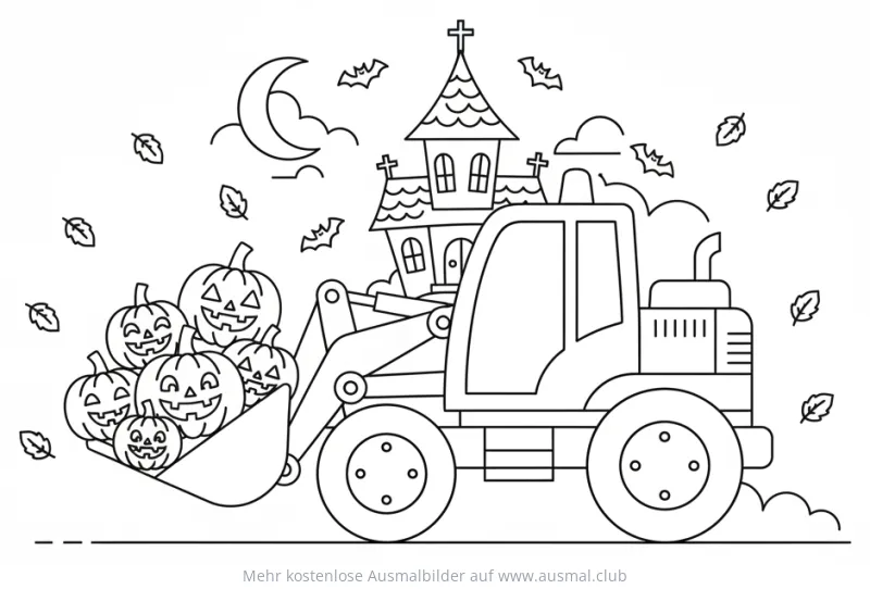 Bagger mit Kürbissen vor Spukhaus Ausmalbild für Halloween