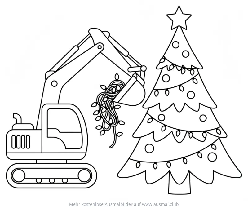 Weihnachtsbagger mit Lichterkette und Weihnachtsbaum Ausmalbild