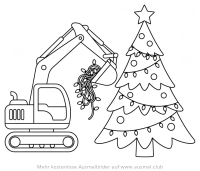 Weihnachtsbagger mit Lichterkette und Weihnachtsbaum Ausmalbild