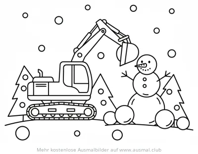 Bagger hilft beim Schneemann Bauen Ausmalbild